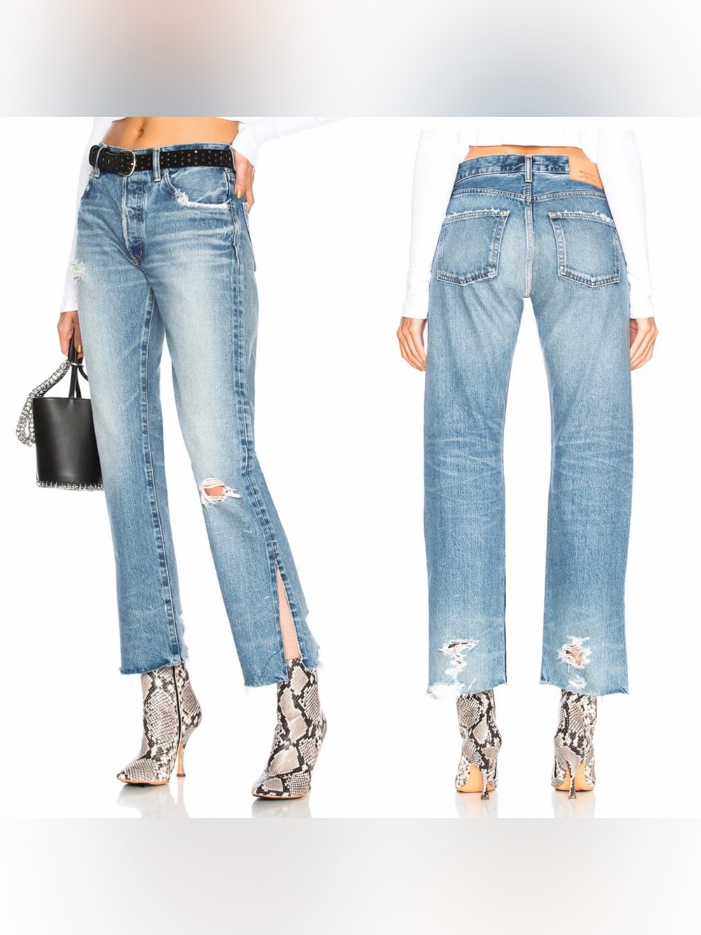 Moussy Vintage Womens Alva Straight Jeans Sz 30 Distressed Light Blue Denim $350